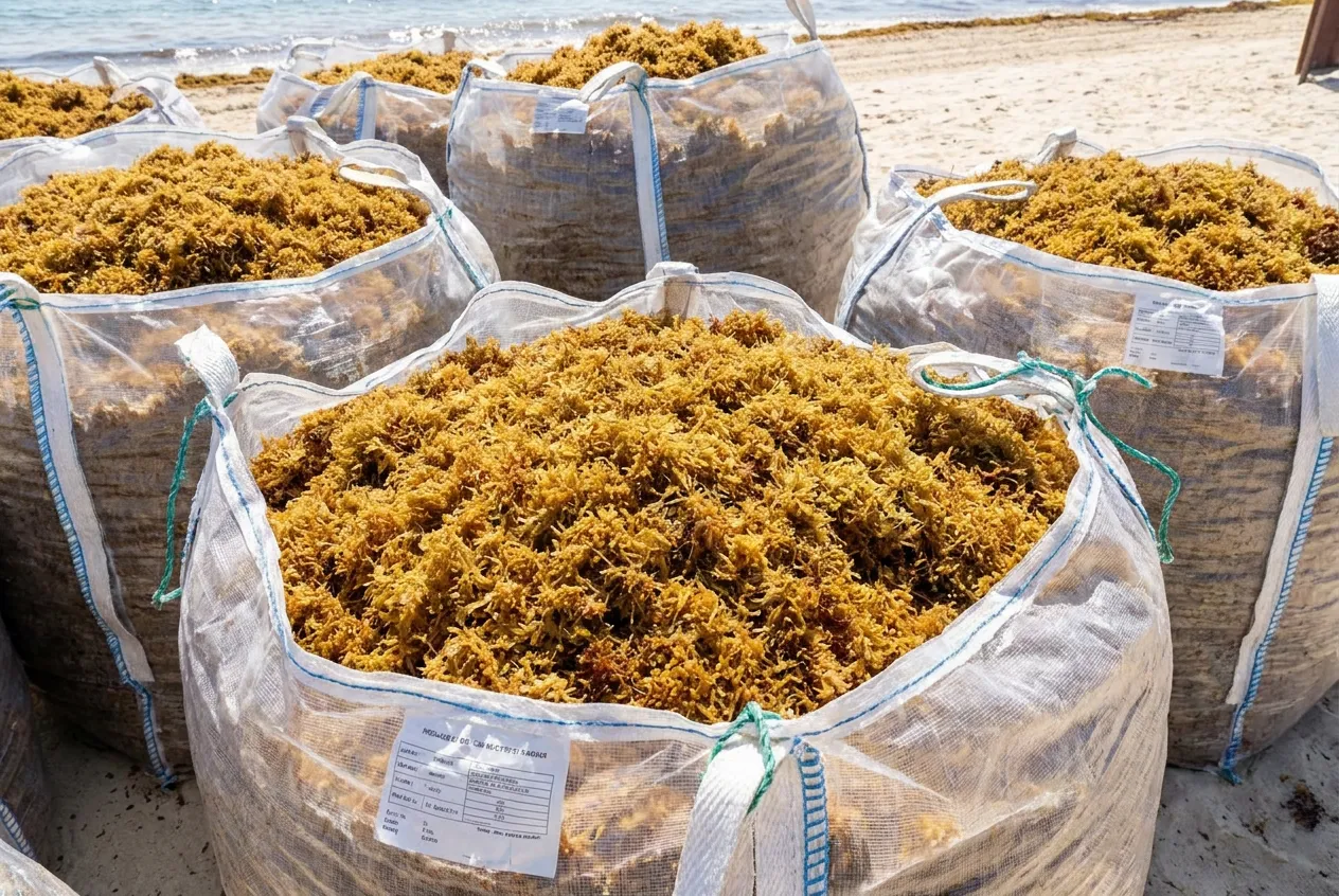 Sargasses séchées conditionnées en big bags, prêtes à l'expédition